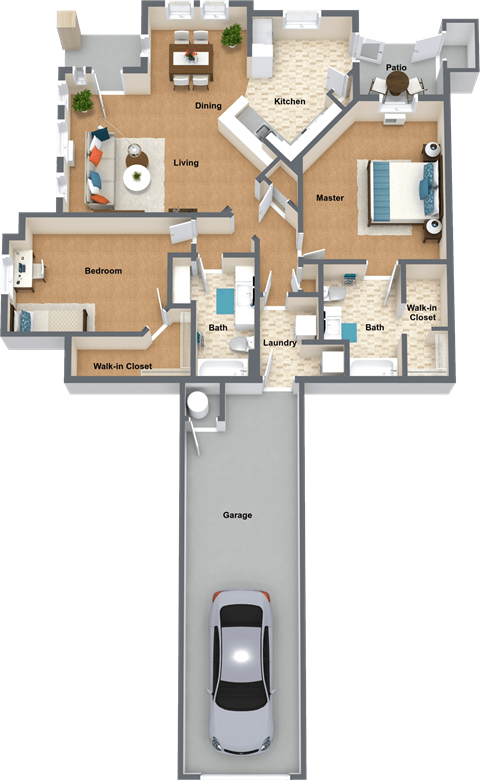 Floor plan for 2 beds, 2 baths, 1255 sqft